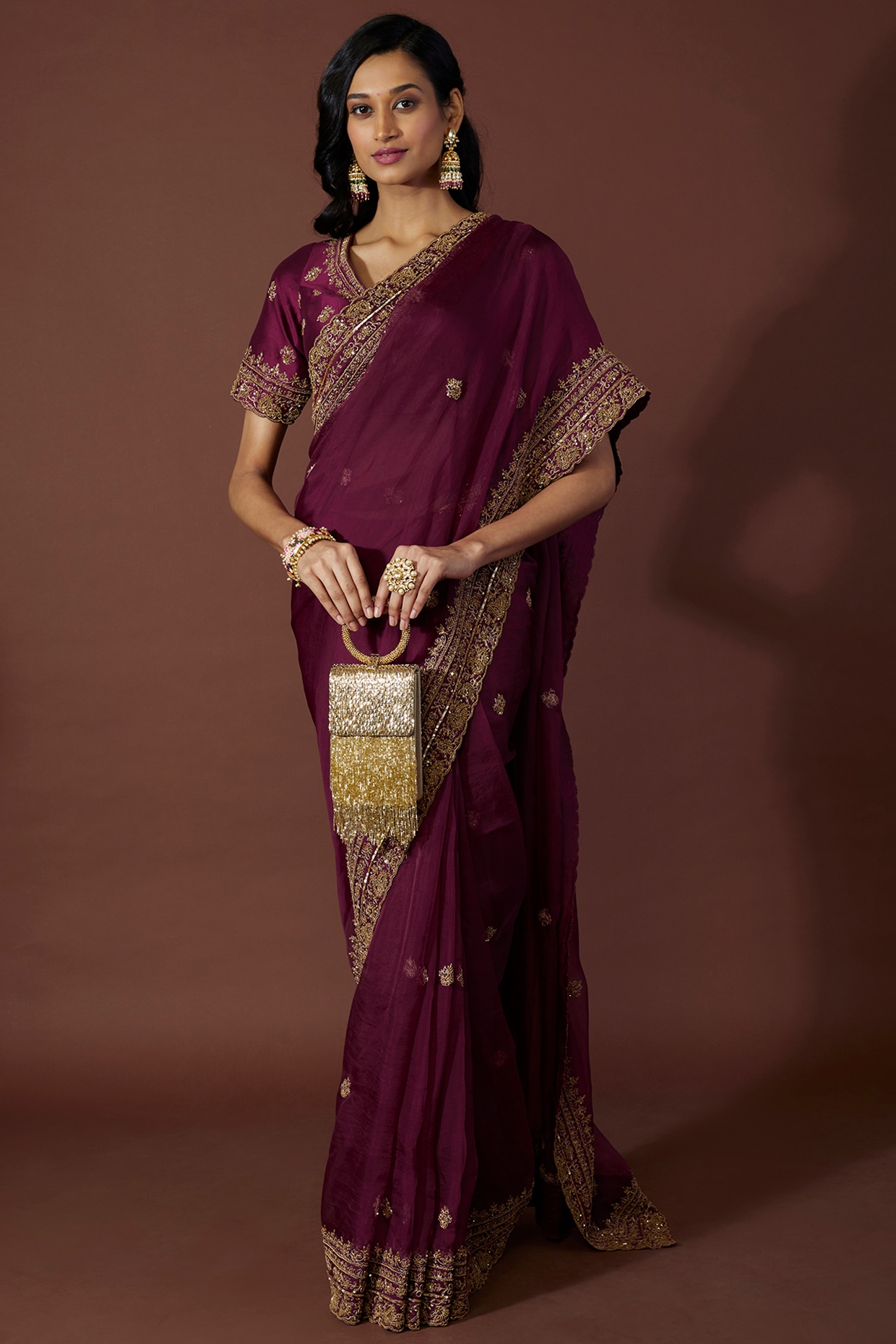 Dohr | Maroon organza gold foil printed saree with blouse | Aaina – Dohr  India