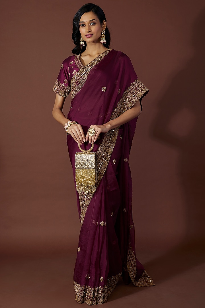 Wine Embroidered Saree Set by Jigar Mali