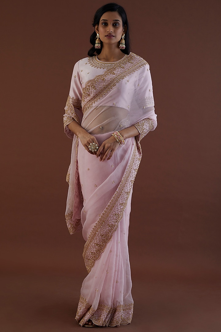 Blush Pink Embroidered Saree Set  by Jigar Mali