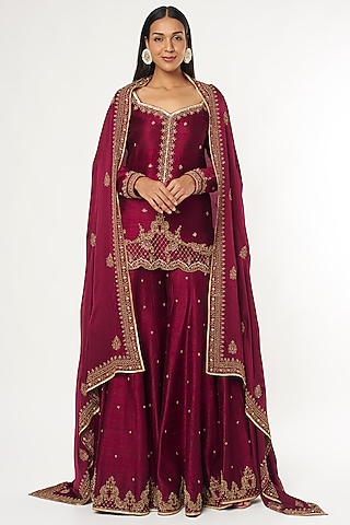 Wine Embroidered Sharara Set by Jigar Mali
