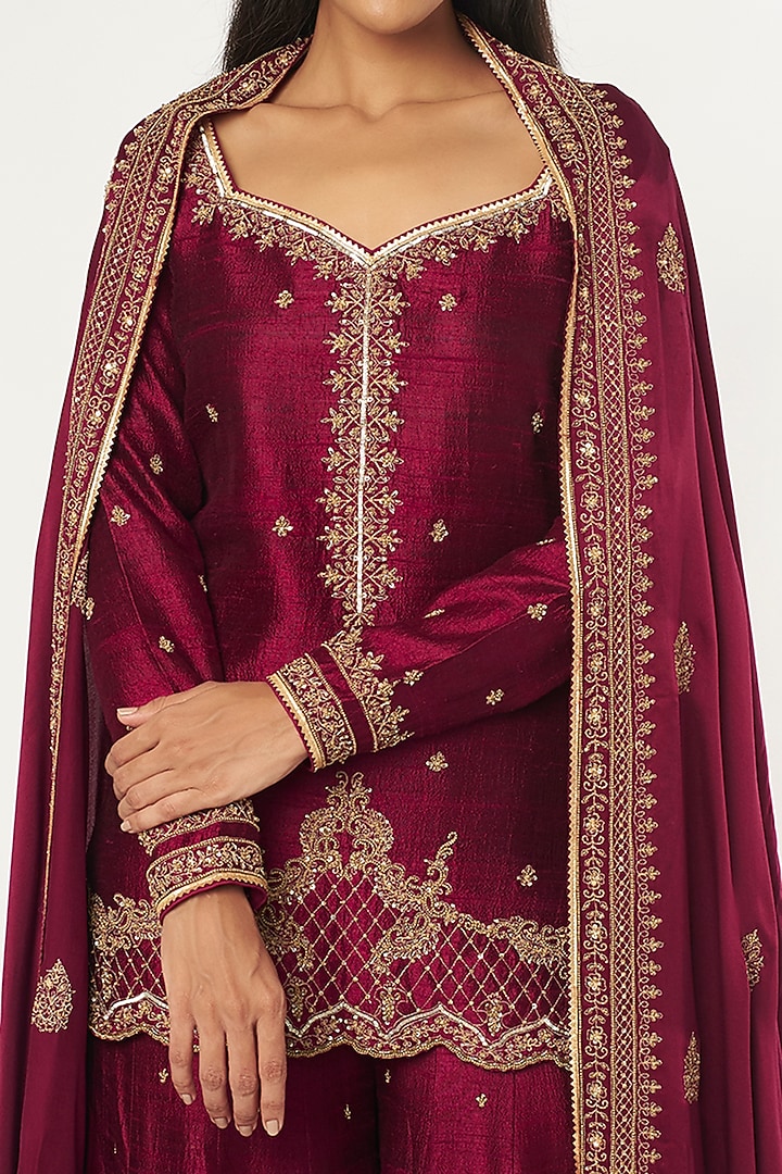 Wine Embroidered Bridal Sharara Set by Jigar Mali at Pernia's Pop Up Shop