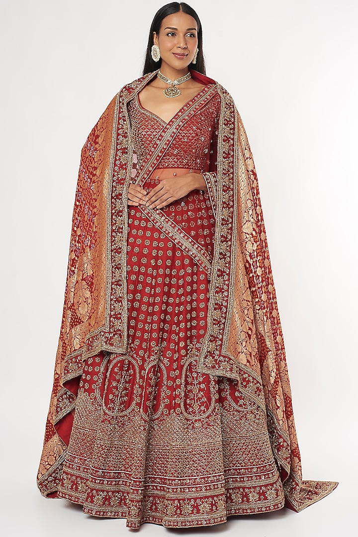 Red Embroidered Lehenga Set by Jigar Mali