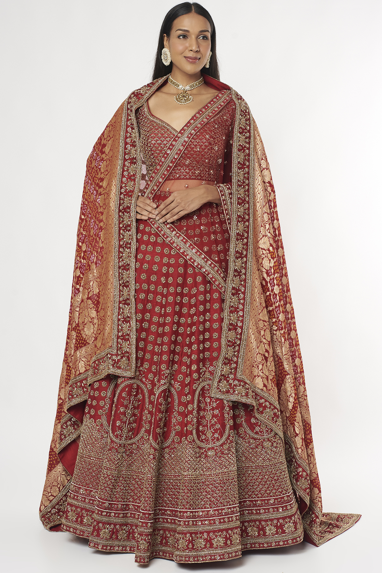 Red Embroidered Lehenga Set by Jigar Mali