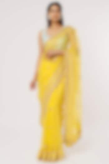 Yellow Embroidered Saree Set by Jigar Mali