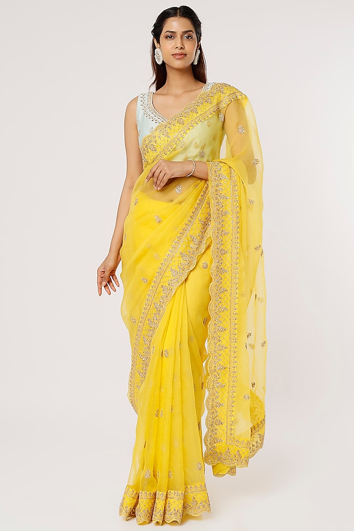 Yellow Embroidered Saree Set by Jigar Mali