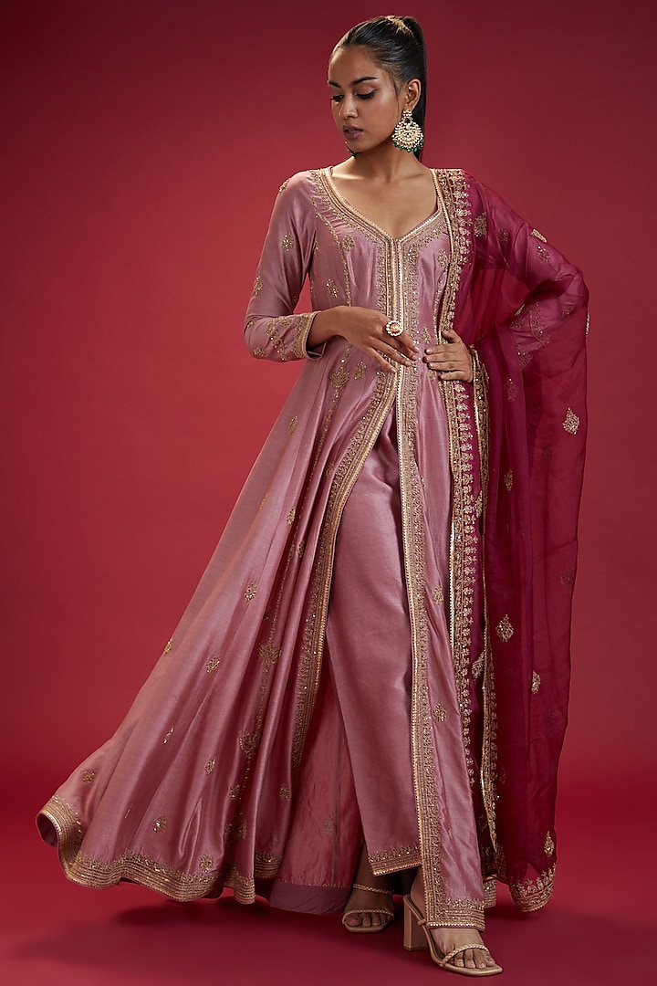 Pink Chanderi & Organza Jacket Set by Jigar Mali