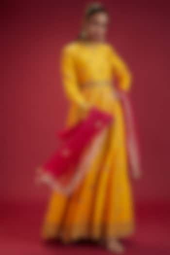 Yellow Chanderi & Organza Anarkali Set by Jigar Mali