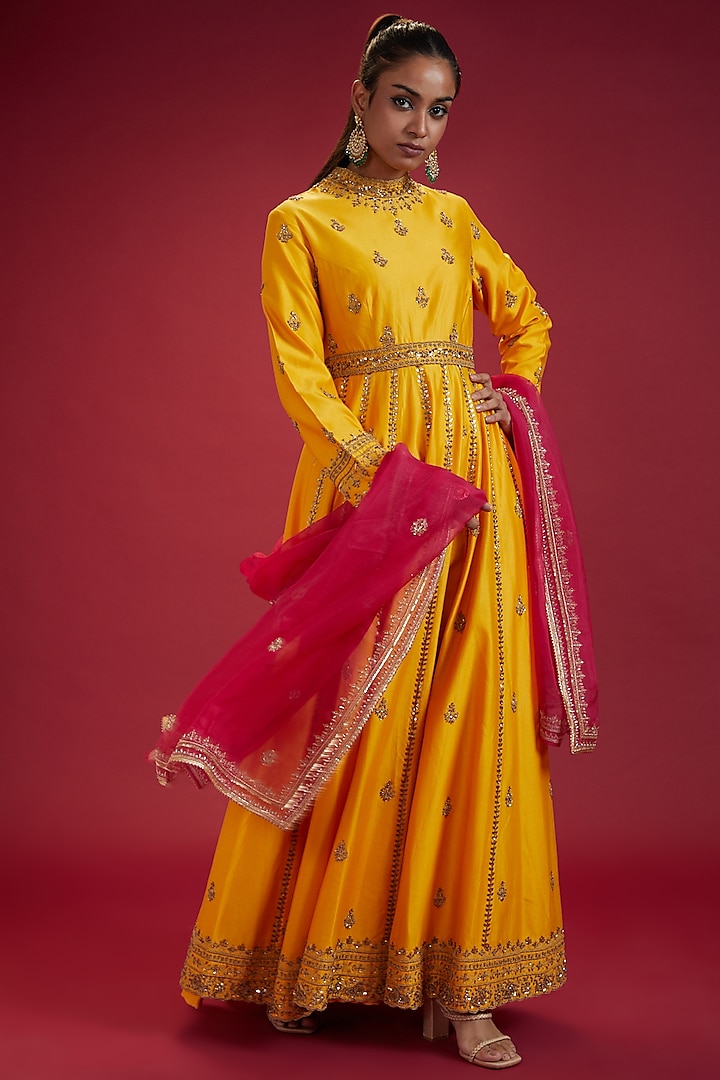 Yellow Chanderi & Organza Anarkali Set by Jigar Mali