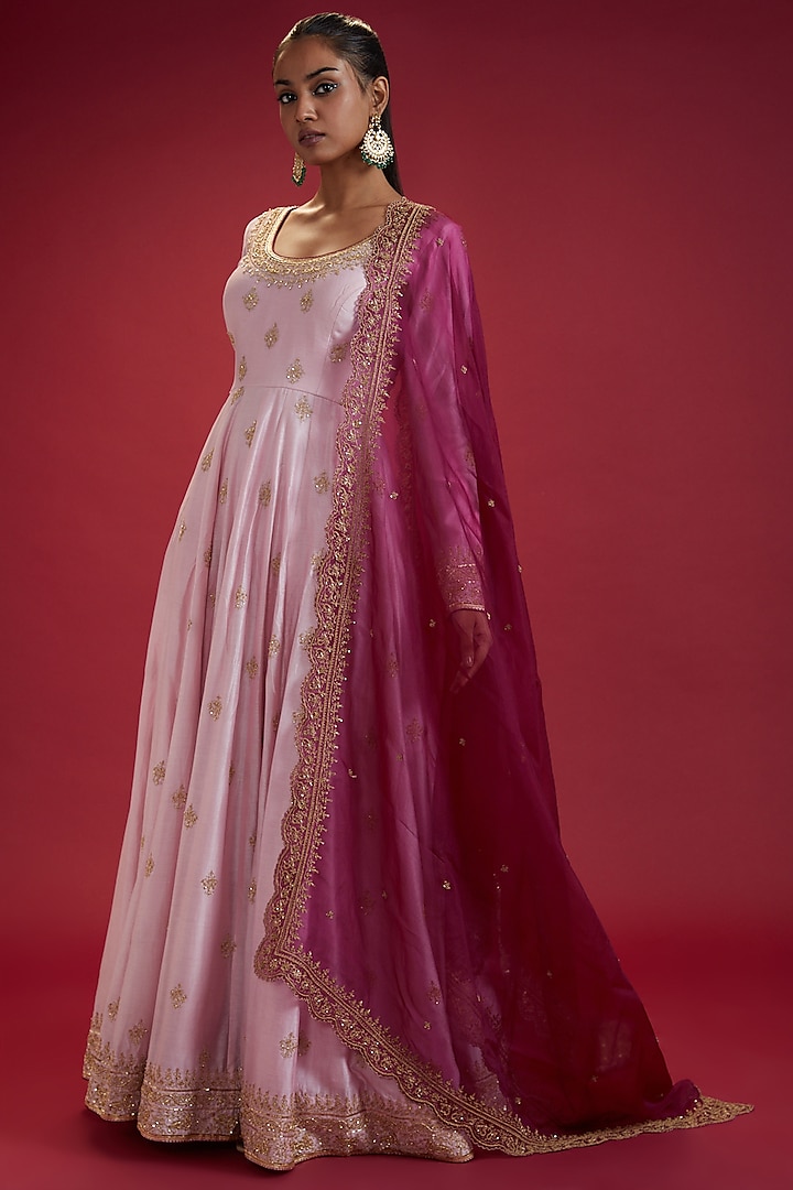 Pink Chanderi & Organza Anarkali Set by Jigar Mali