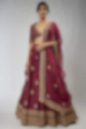 Wine Chanderi Embroidered Wedding Lehenga Set by Jigar Mali at Pernia's Pop Up Shop