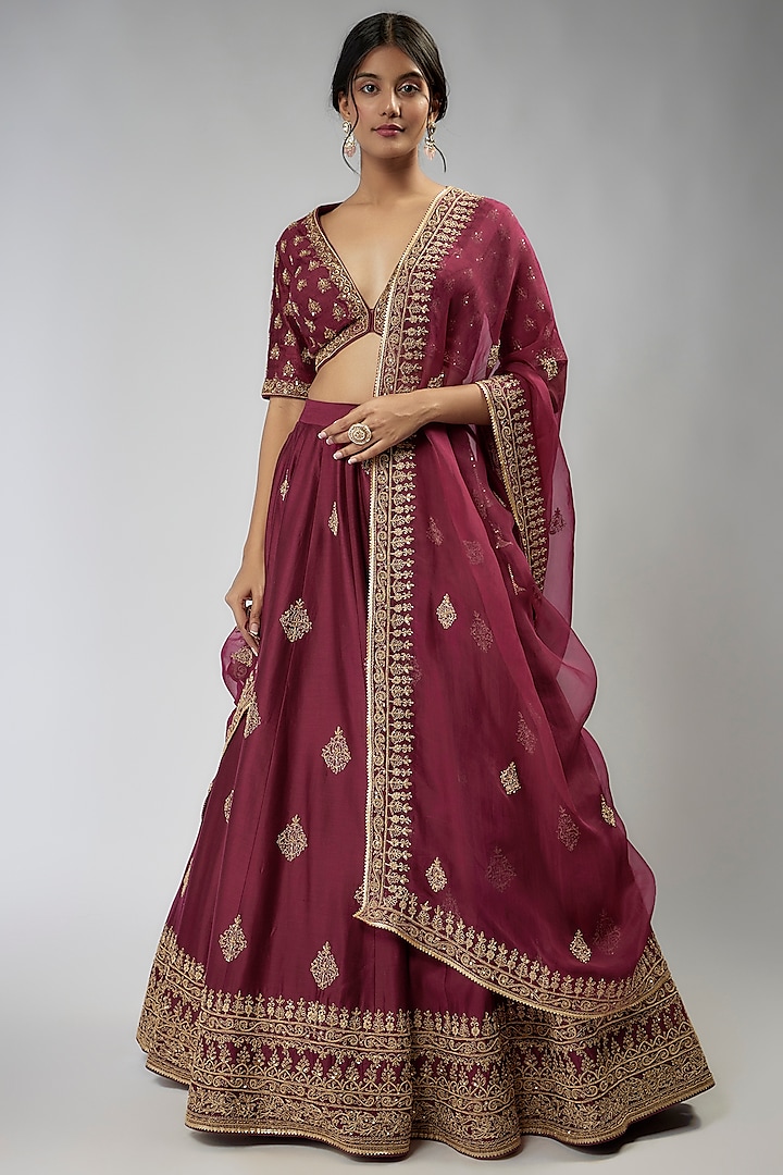 Wine Chanderi Embroidered Wedding Lehenga Set by Jigar Mali at Pernia's Pop Up Shop