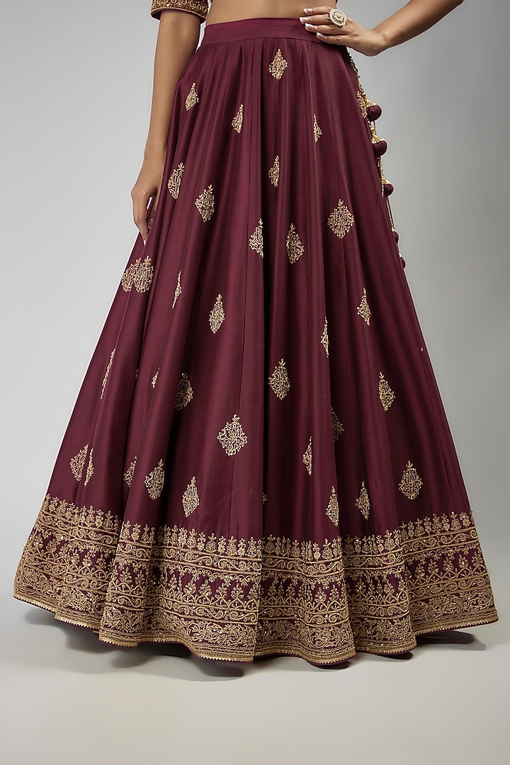 Wine Chanderi Embroidered Wedding Lehenga Set by Jigar Mali at Pernia's Pop Up Shop