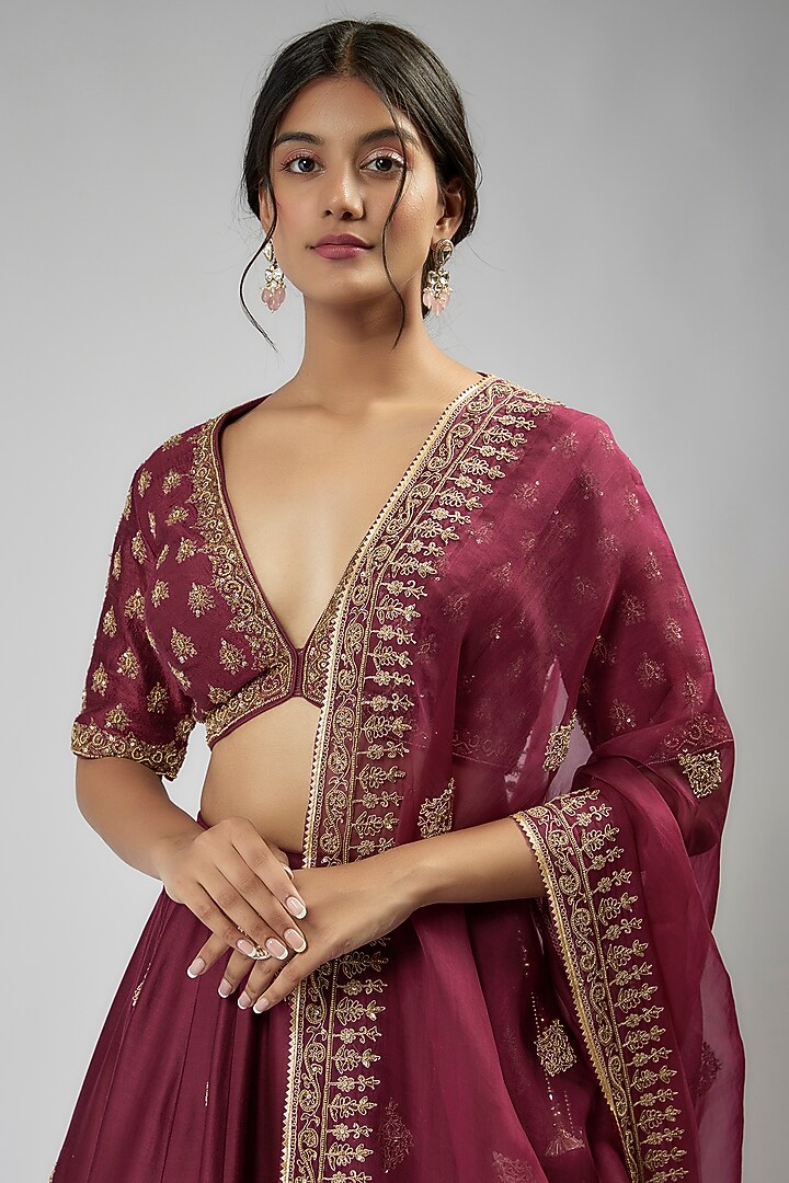 Wine Chanderi Embroidered Wedding Lehenga Set by Jigar Mali at Pernia's Pop Up Shop