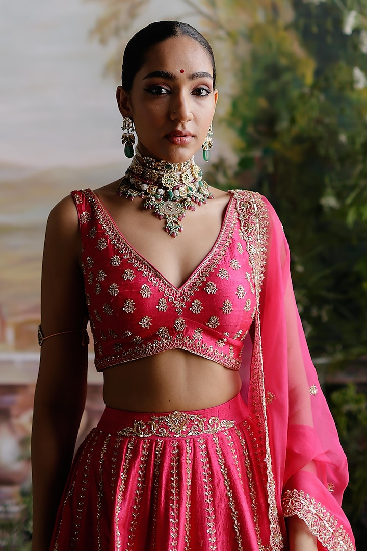 Hot Pink Raw Silk Hand Embroidered Bridal Lehenga Set by Jigar Mali at  Pernia's Pop Up Shop
