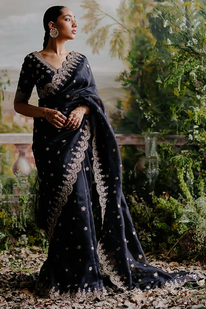 Charcoal Black Organza Hand Embellished Reception Saree Set by Jigar Mali at Pernia's Pop Up Shop
