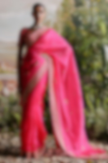 Hot Pink Organza Hand Embellished Reception Saree Set by Jigar Mali at Pernia's Pop Up Shop