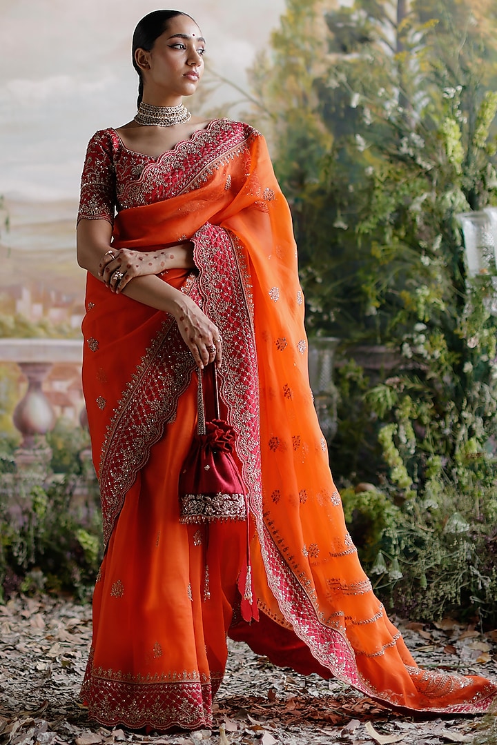 Orange Organza Hand Embellished Reception Saree Set by Jigar Mali at Pernia's Pop Up Shop