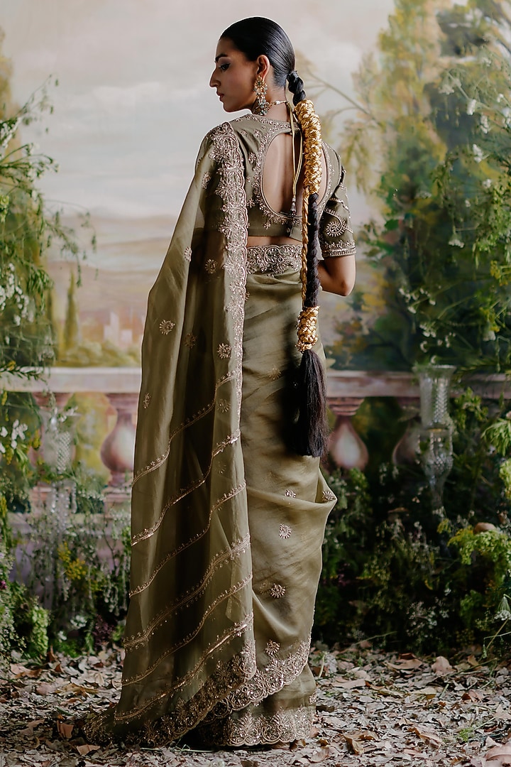 Olive Green Organza Hand Embellished Reception Saree Set by Jigar Mali at Pernia's Pop Up Shop