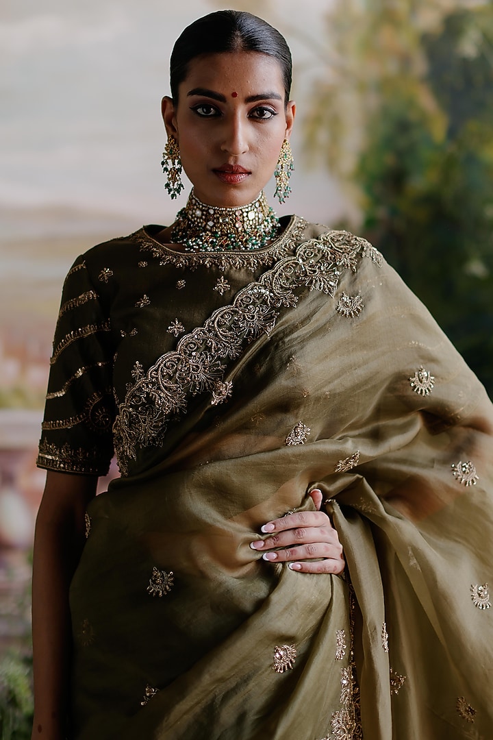 Olive Green Organza Hand Embellished Reception Saree Set by Jigar Mali at Pernia's Pop Up Shop