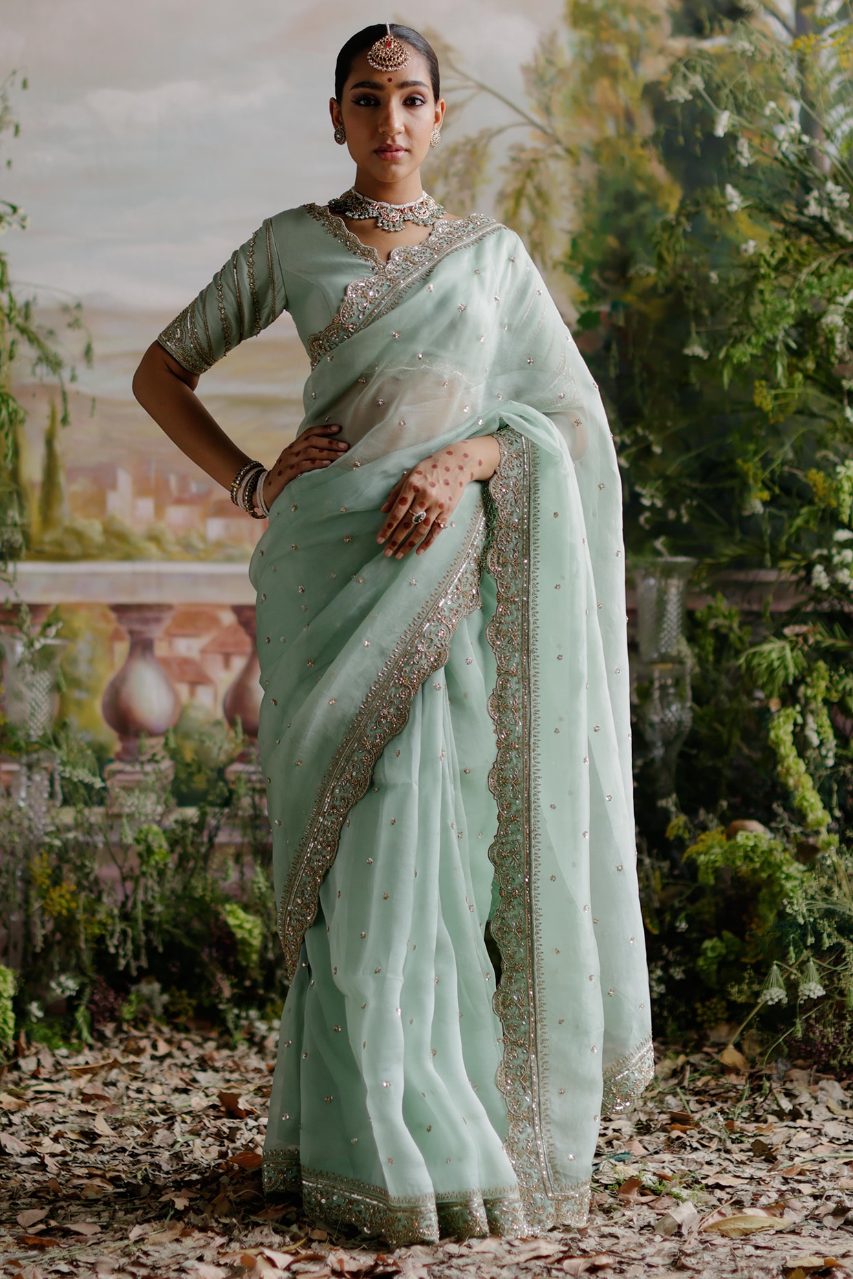 Sage Green Georgette Ready to Wear Saree - G3-WSA53927 | G3nxt.com