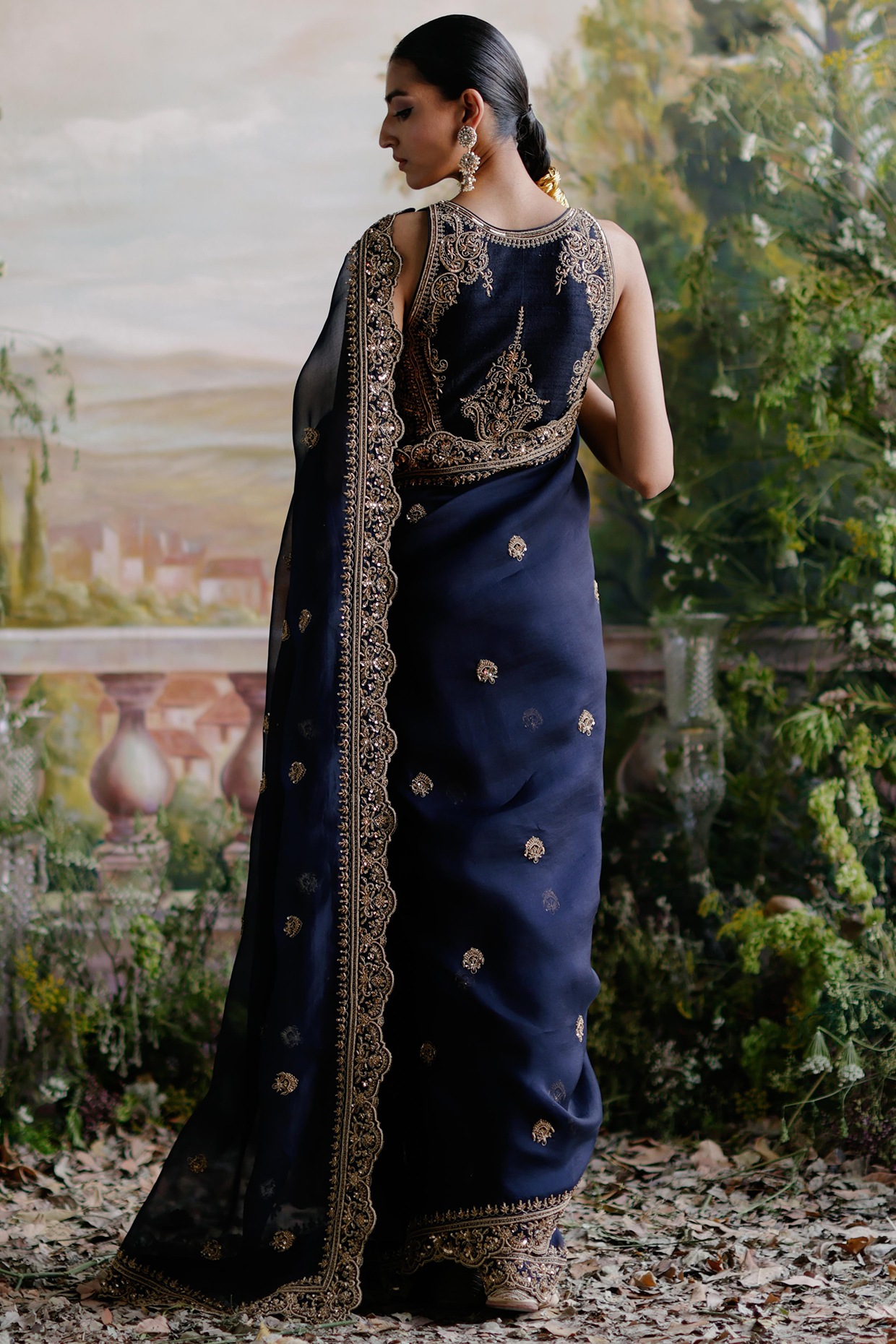 popular navy blue with gorgeous lace pure organza saree with contrast –  Organza Mall