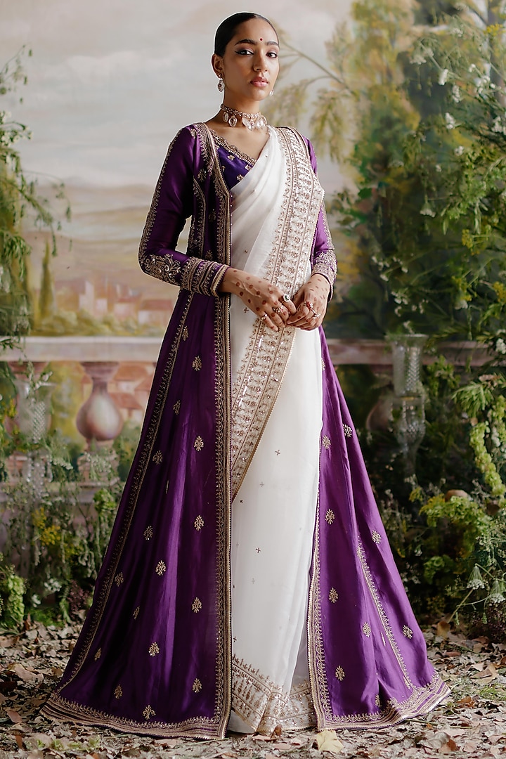 Purple & Off-White Organza Hand Embellished Jacket Saree Set by Jigar Mali at Pernia's Pop Up Shop