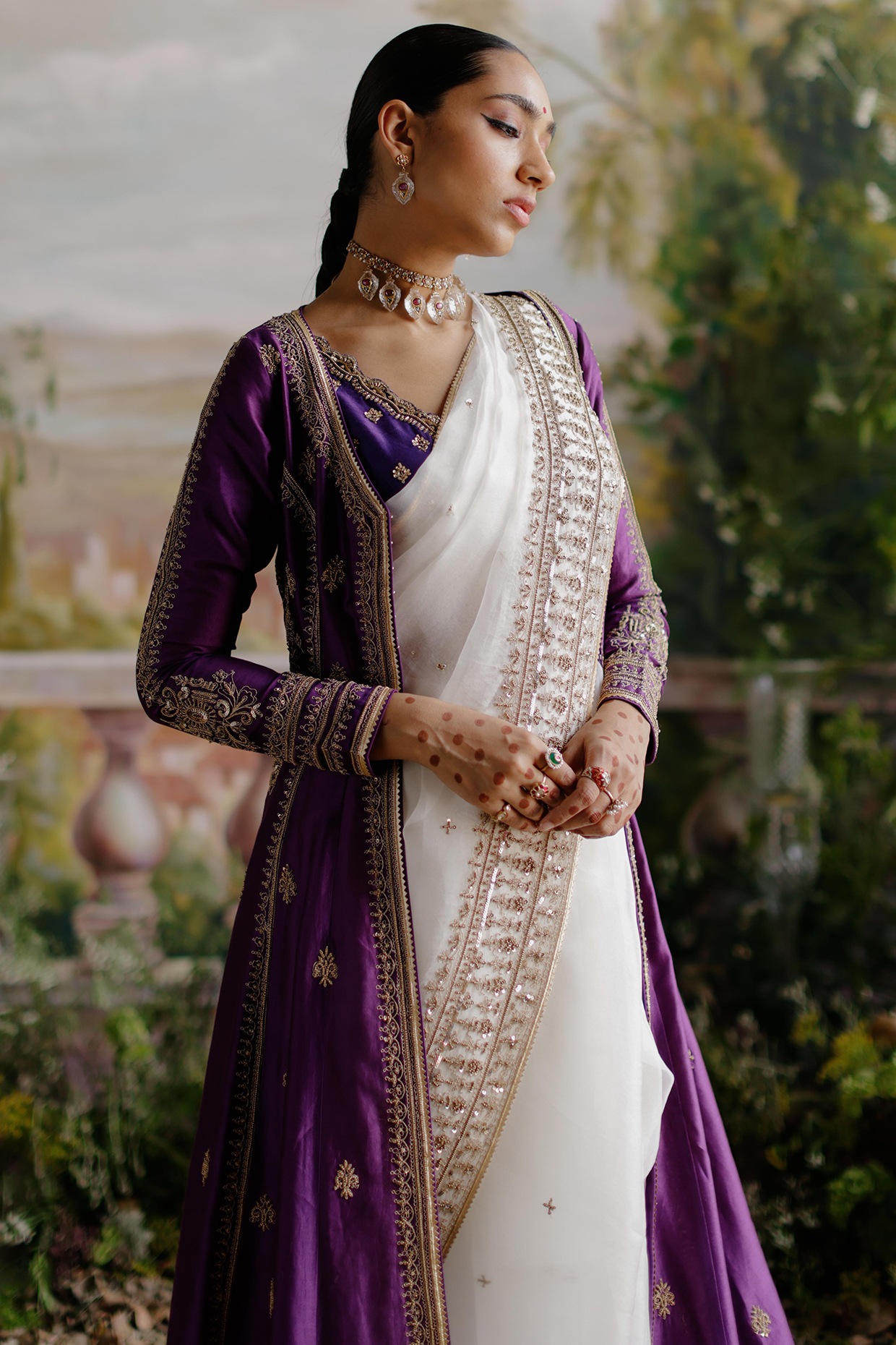 Handloom Jamdani Sub Dhakai Saree - Purple on White - ArtisanSoul