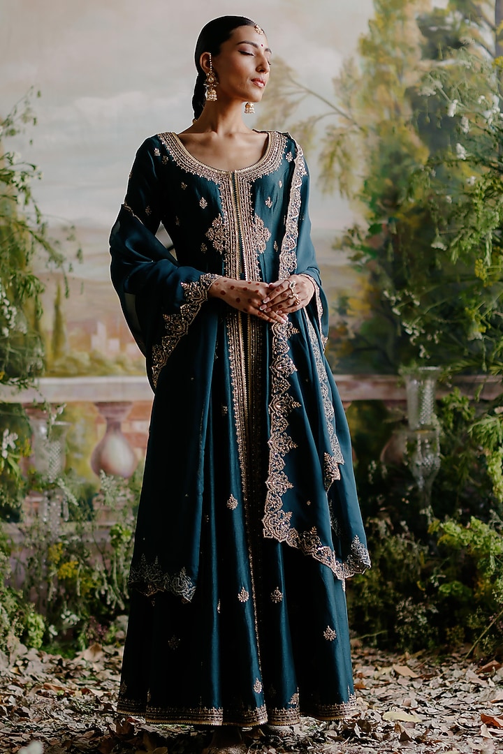Dark Green Chanderi Hand Embellished Jacket Set by Jigar Mali at Pernia's Pop Up Shop