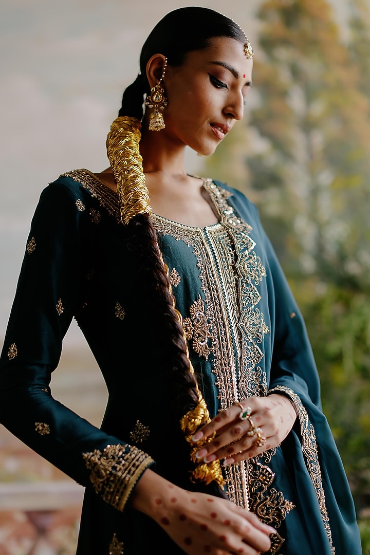 Dark Green Chanderi Hand Embellished Jacket Set by Jigar Mali at Pernia's Pop Up Shop