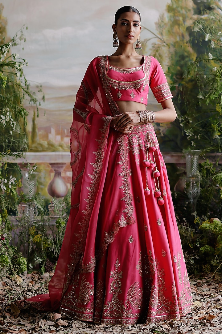 Pink Chanderi Hand Embellished Wedding Lehenga Set by Jigar Mali at Pernia's Pop Up Shop