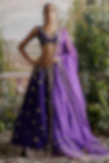 Purple Raw Silk Hand Embroidered Wedding Lehenga Set by Jigar Mali at Pernia's Pop Up Shop