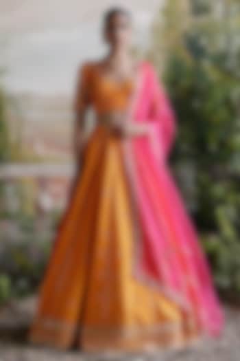 Orange Raw Silk Hand Embroidered Wedding Lehenga Set by Jigar Mali at Pernia's Pop Up Shop