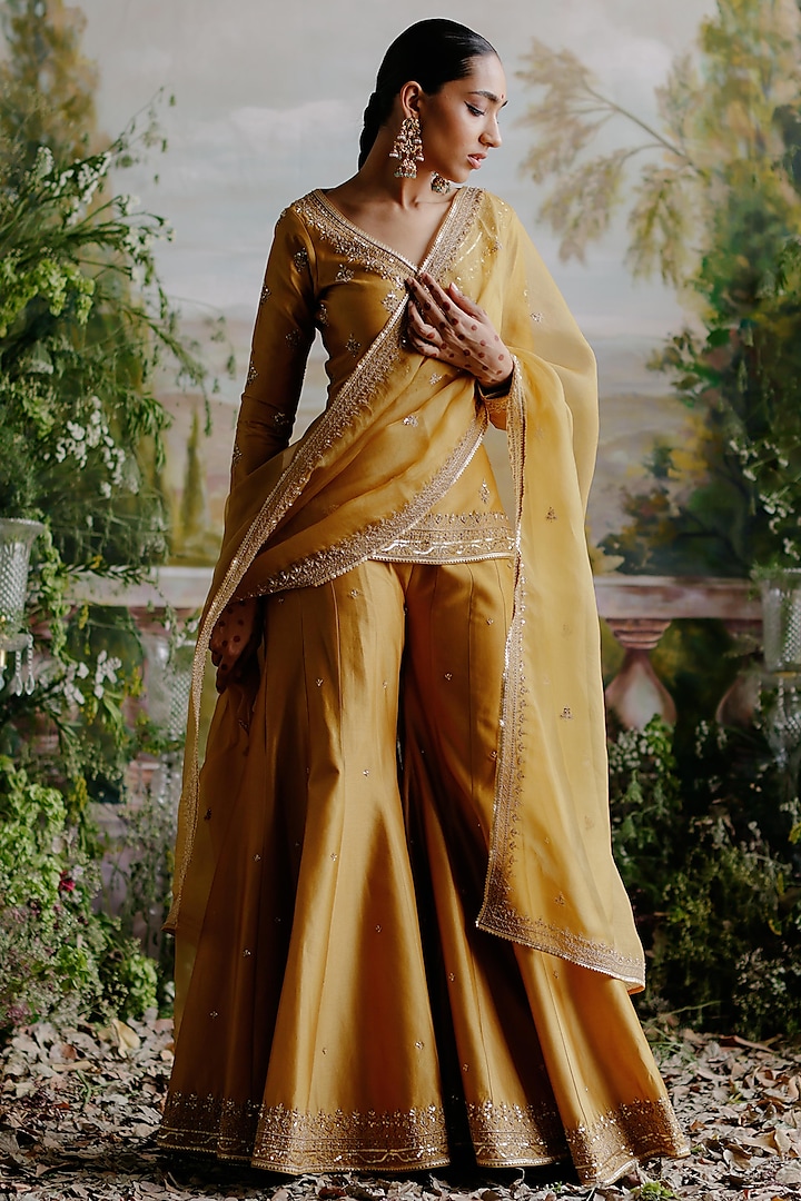 Tuscany Mustard Chanderi Aari Embroidered Sharara Set by Jigar Mali at Pernia's Pop Up Shop