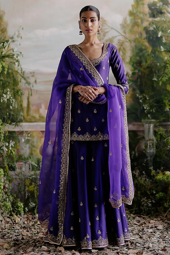 Purple Chanderi Aari Embroidered Sharara Set by Jigar Mali at Pernia's Pop Up Shop