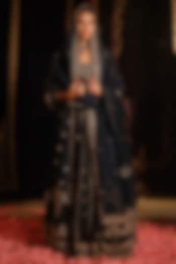 Navy Blue Chanderi Hand Embellished Jacket Lehenga Set by Jigar Mali at Pernia's Pop Up Shop