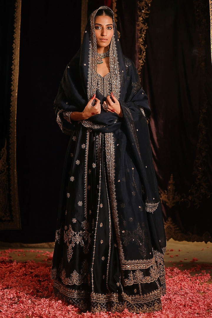 Navy Blue Chanderi Hand Embellished Jacket Lehenga Set by Jigar Mali at Pernia's Pop Up Shop