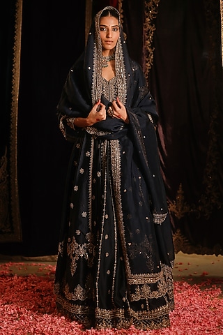 Navy Blue Chanderi Hand Embellished Jacket Lehenga Set by Jigar Mali