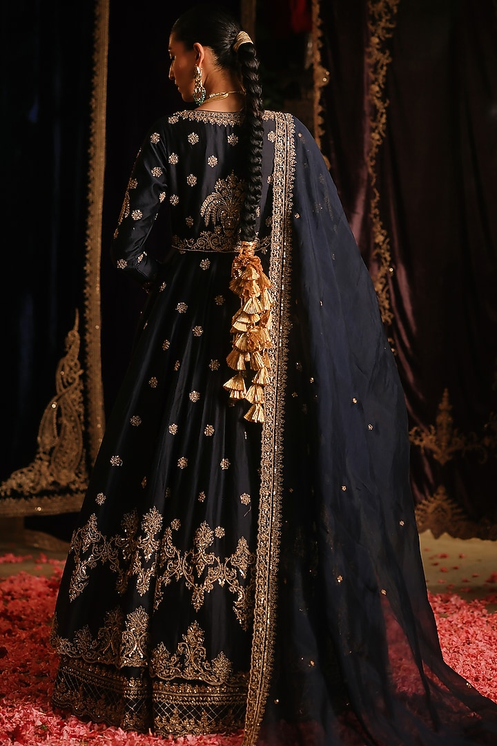 Navy Blue Chanderi Hand Embellished Jacket Lehenga Set by Jigar Mali at Pernia's Pop Up Shop