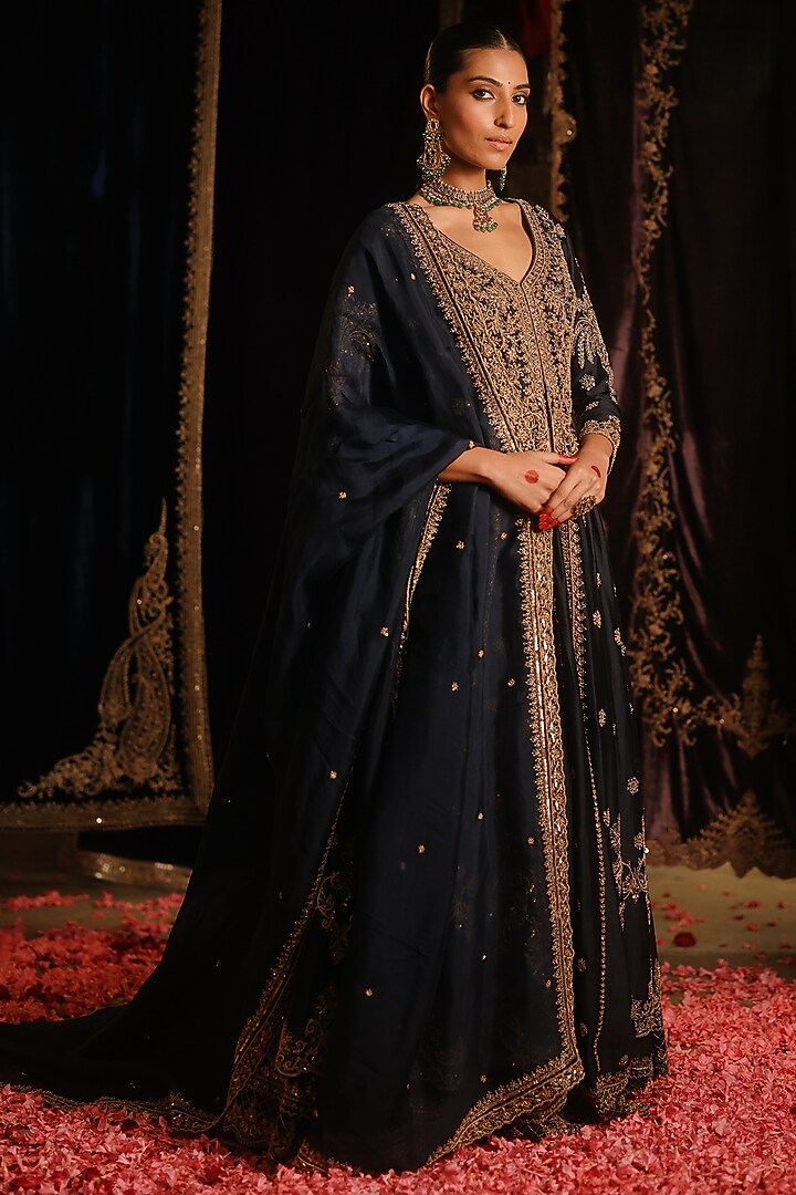 Navy Blue Chanderi Hand Embellished Jacket Lehenga Set by Jigar Mali at Pernia's Pop Up Shop