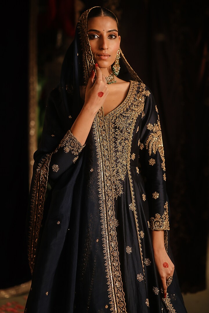 Navy Blue Chanderi Hand Embellished Jacket Lehenga Set by Jigar Mali at Pernia's Pop Up Shop