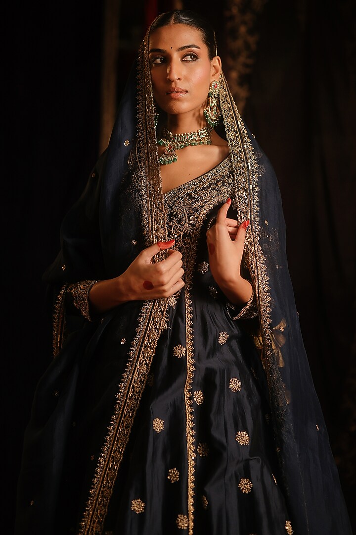 Navy Blue Chanderi Hand Embellished Jacket Lehenga Set by Jigar Mali at Pernia's Pop Up Shop