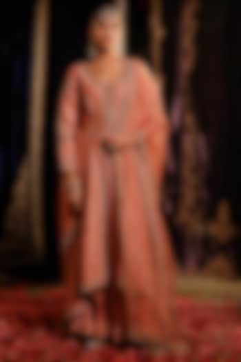 Peach Chanderi Hand Embellished High-Low Jacket Set by Jigar Mali at Pernia's Pop Up Shop