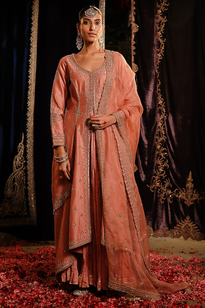 Peach Chanderi Hand Embellished High-Low Jacket Set by Jigar Mali at Pernia's Pop Up Shop