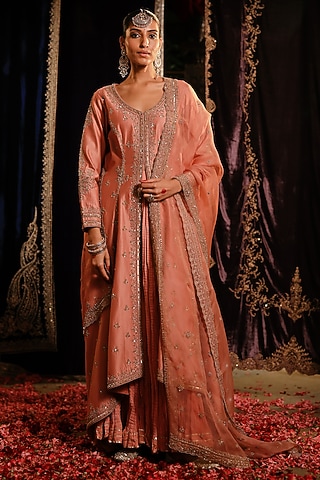 Peach Chanderi Hand Embellished High-Low Jacket Set by Jigar Mali