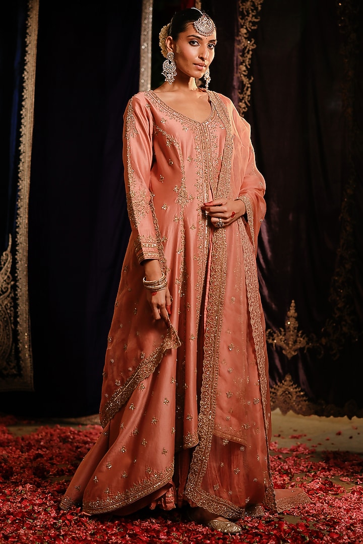 Peach Chanderi Hand Embellished High-Low Jacket Set by Jigar Mali at Pernia's Pop Up Shop