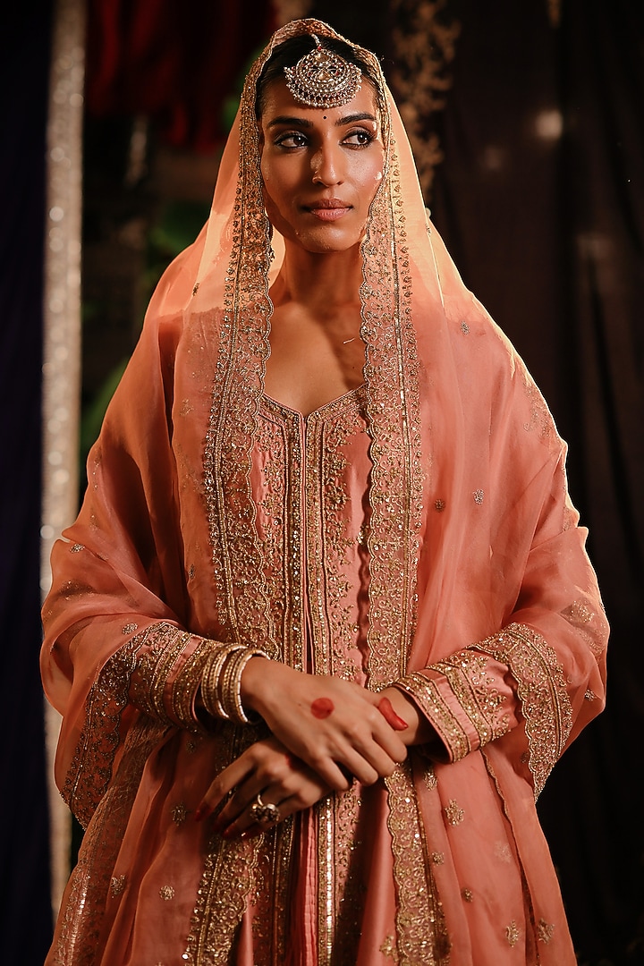 Peach Chanderi Hand Embellished High-Low Jacket Set by Jigar Mali at Pernia's Pop Up Shop