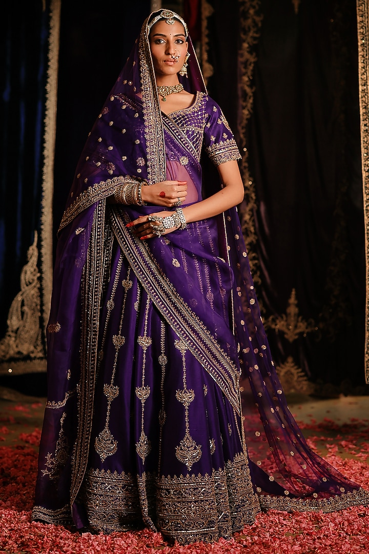 Purple Chanderi Hand Embellished Bridal Lehenga Set by Jigar Mali at Pernia's Pop Up Shop