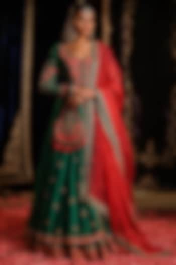 Rama Green Chanderi Hand Embellished High-Low Jacket Set by Jigar Mali at Pernia's Pop Up Shop