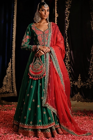 Rama Green Chanderi Hand Embellished High-Low Jacket Set by Jigar Mali