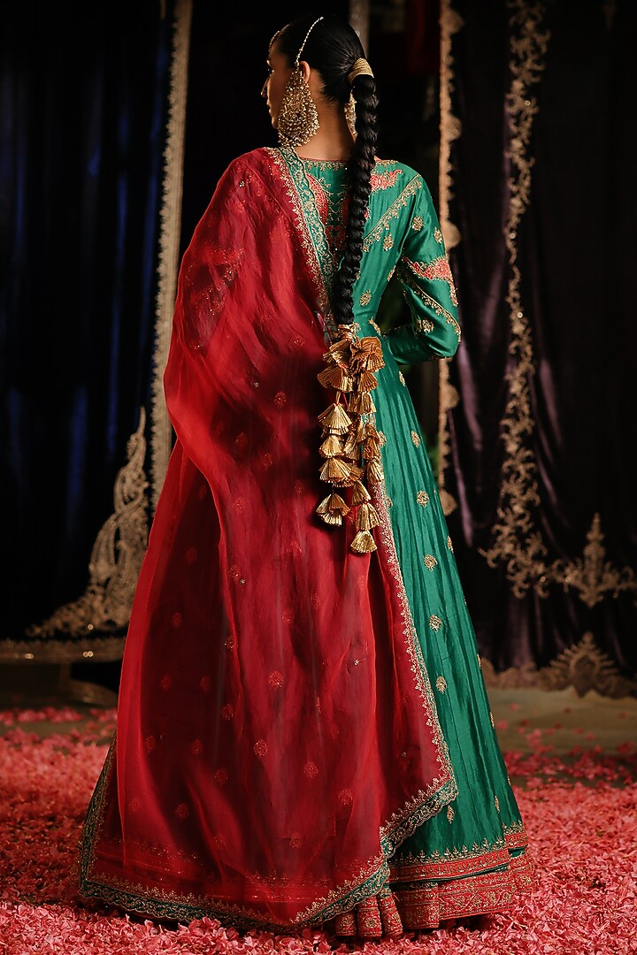 Rama Green Chanderi Hand Embellished High-Low Jacket Set by Jigar Mali at Pernia's Pop Up Shop